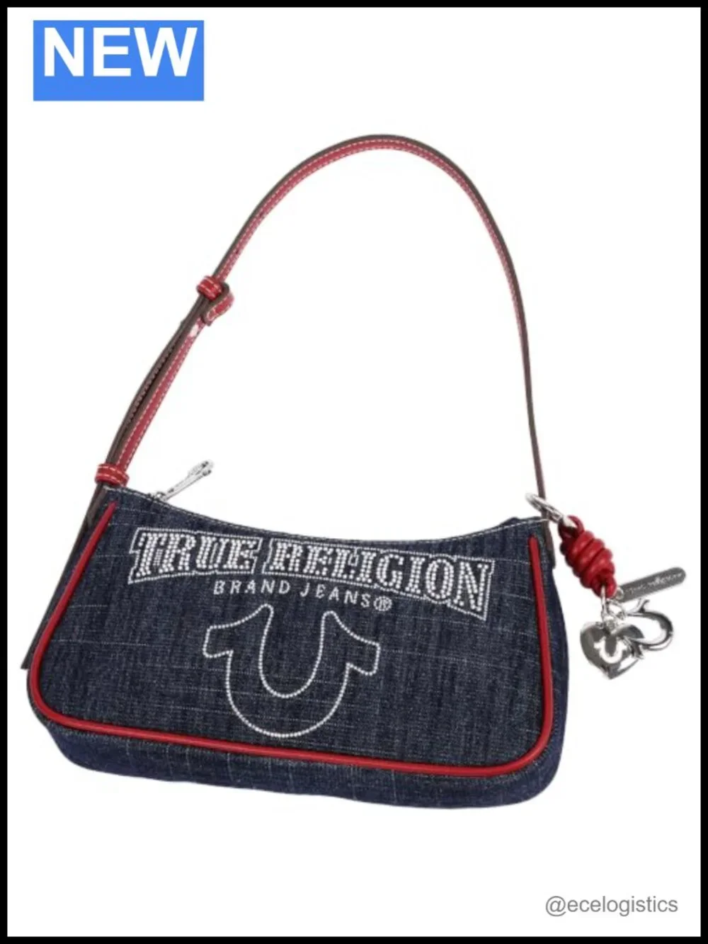 Denim-Blend Shoulder Bag with Rhinestone Logo, Adjustable Strap